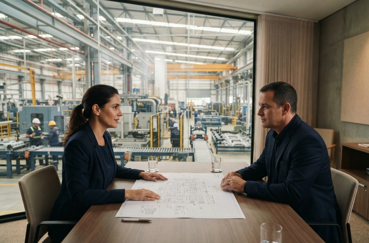 Dois profissionais conversam sobre um plano industrial em uma sala com vista para uma área de produção.