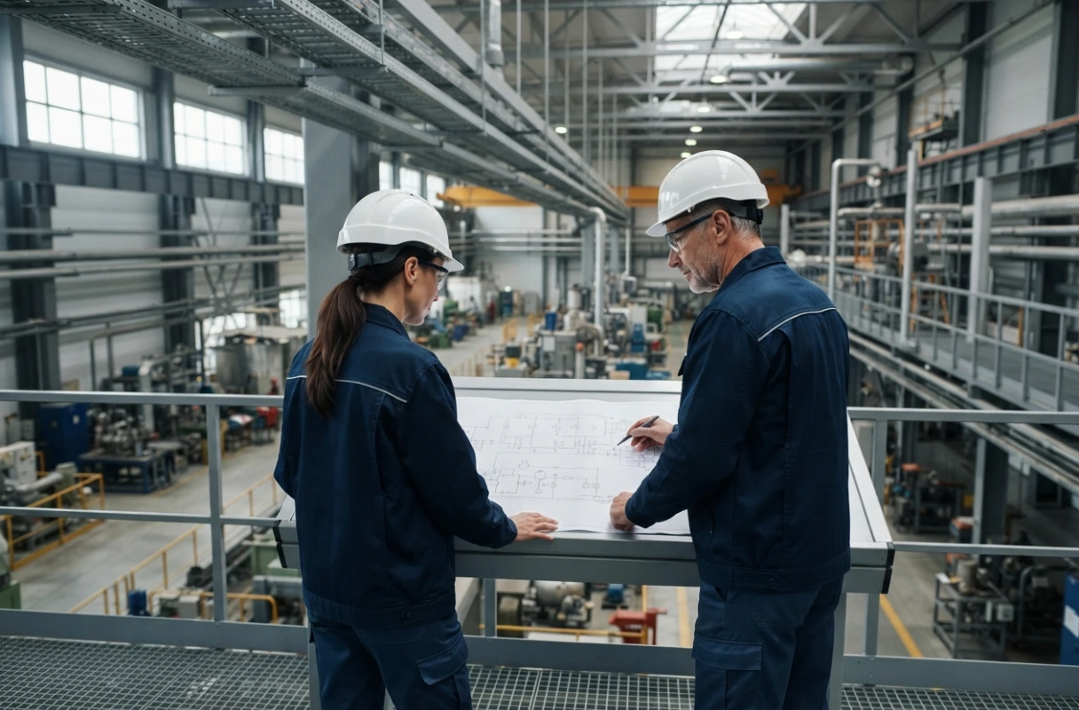 Dois profissionais com equipamentos de proteção analisam um desenho técnico em uma instalação industrial.