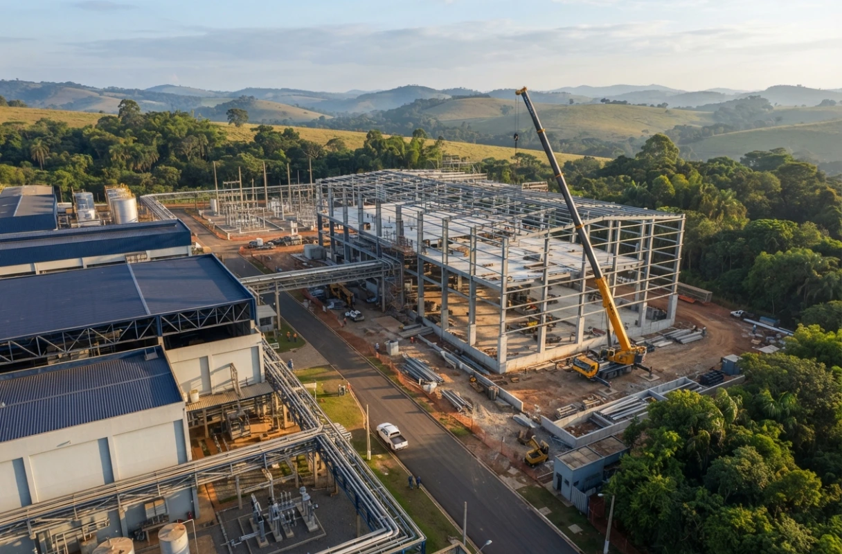 Ampliação de uma planta industrial, com estrutura metálica em construção ao lado de galpões existentes.