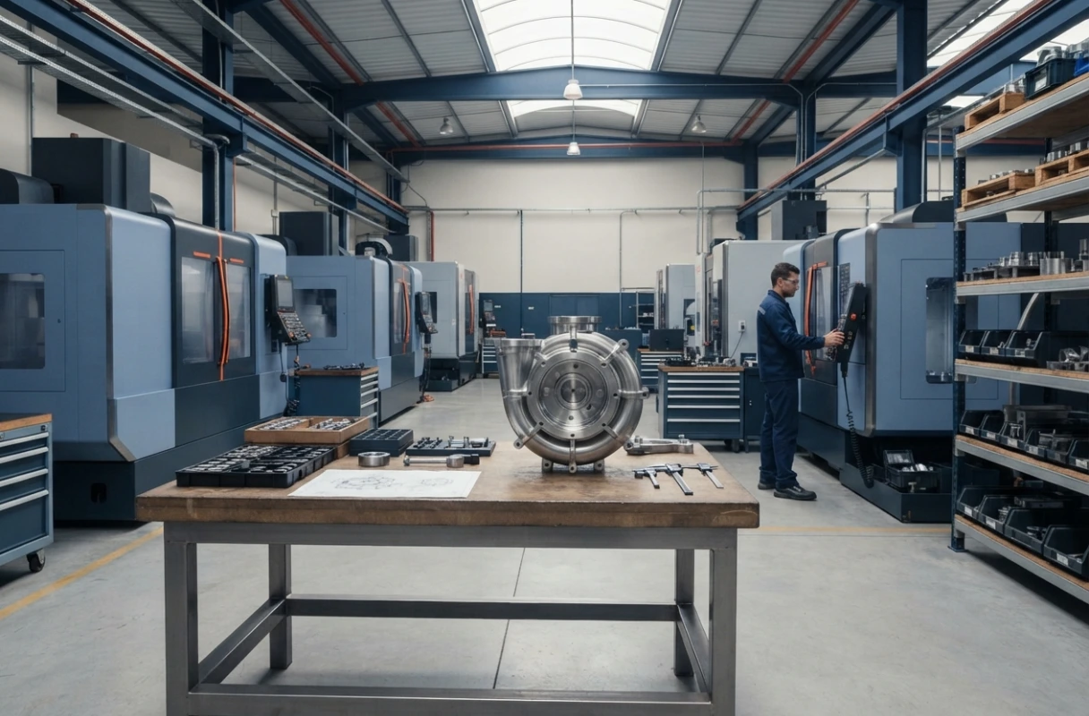 Máquinas de usinagem, componente metálico e um técnico em uma unidade de fabricação industrial.