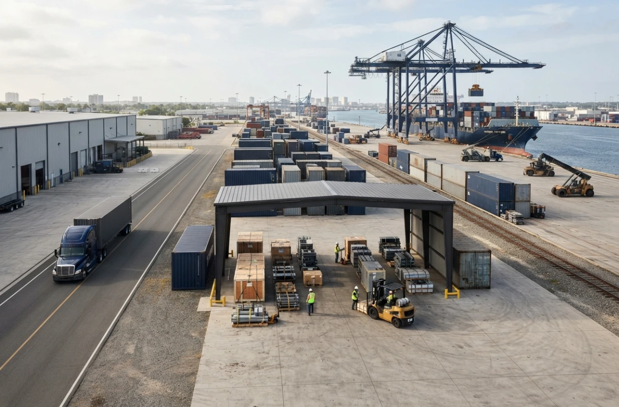 Terminal logístico com contêineres, cargas industriais, armazéns, guindaste e navio.