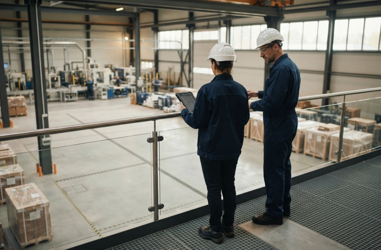 Dois profissionais observam uma área industrial em preparação, enquanto uma pesquisadora consulta um tablet.