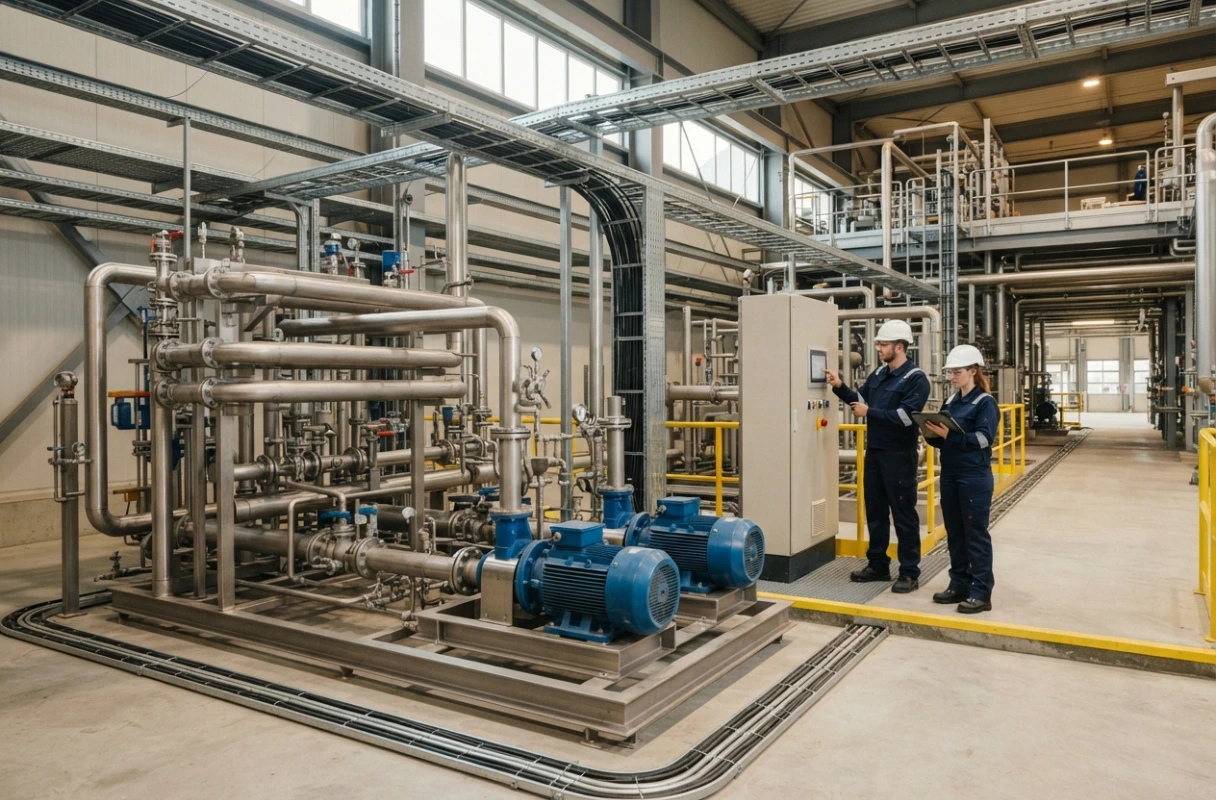 Dois profissionais verificam um painel de controle junto a tubulações, bombas e equipamentos industriais.